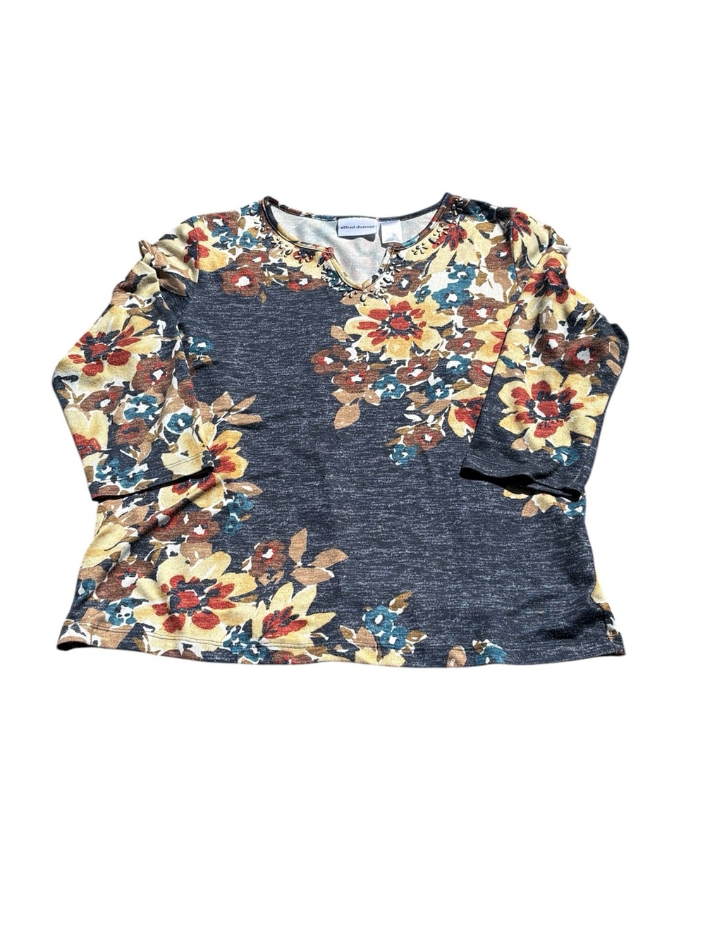 Alfred Dunner Women’s Medium Blue Denim Wash Floral Print Pullover Shirt